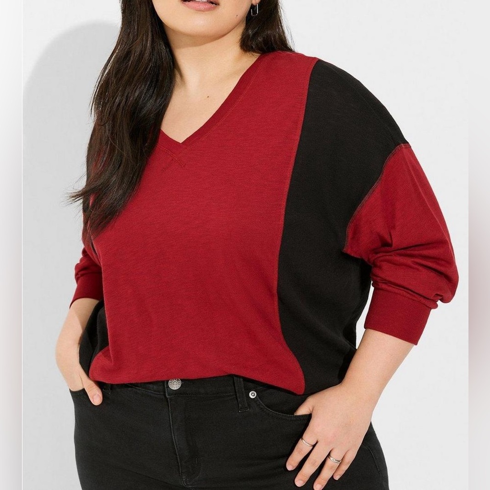 Torrid Modal Slub V-Neck Long Sleeve Dolman Tee - Red & Black - Size 14/16